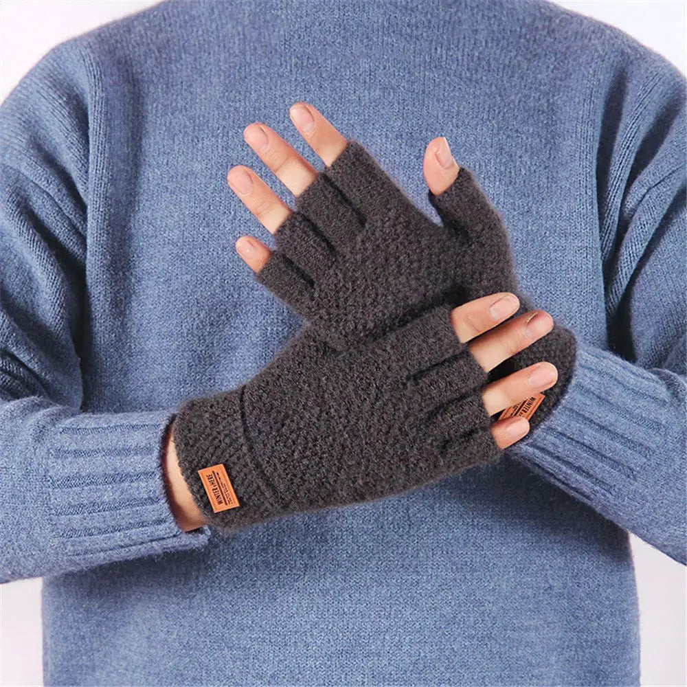 Winter Fingerless Gloves For Men Half Finger Writting Office Knitted Alpaca Wool Warm Leather Label Thick Elastic Driving Gloves