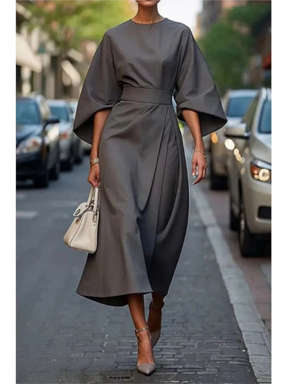 Spring Summer New Women's Fashion Style Elegant Solid Color Waist Dress Casual Bat Sleeve Long Dress Vestidos Para Mujer