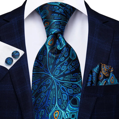 Hi-Tie Peacock Blue Novelty Designer Silk Wedding Tie For Men Hanky Cufflinks Gift Mens Fashion Necktie Set Business Party