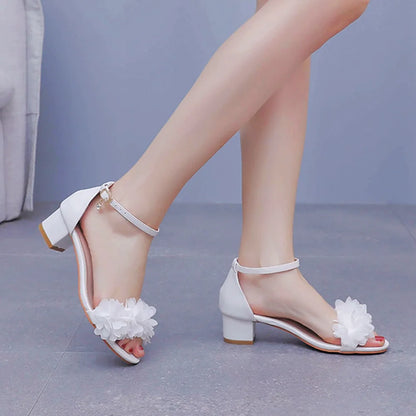 Flower Band Bridesmaide Shoes Woman Wedding High Heels Sandals Ankle Strap Wedges Cover Heeled Tacones Ladies Office Dress Pumps