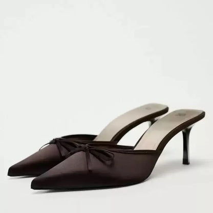 Bow High Heels Slippers Women Pointed Toe Mules Shoes Sexy 2025 Summer Dress Party Stilettos Sandals Woman Slides Trend Pumps