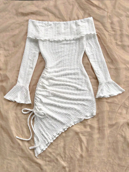 Spring and summer new pure horn long-sleeved hollow-out dress with irregular pleats wrapped buttock dress to show leg length