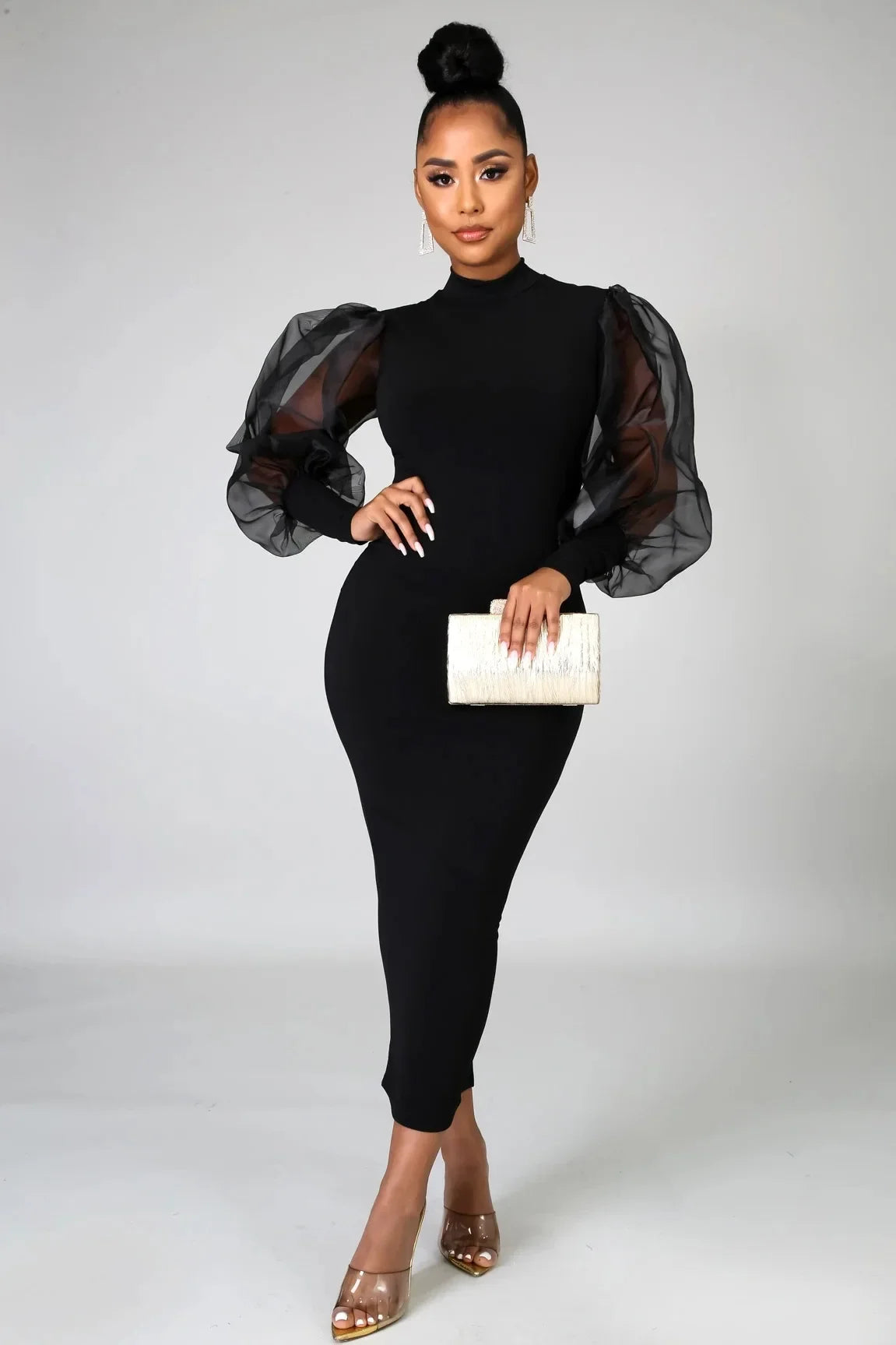 Elegant Spring Summer Dress for Women Long Sleeve Evening Gown Women Clothing Temperament Half High Collar Bodycon Dress Vestido