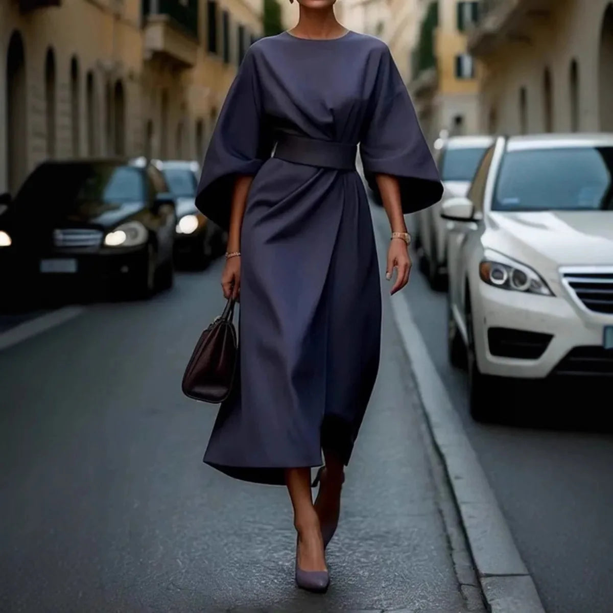 Spring Fashion Solid Color Dress Women Sexy Round Neck Bat Sleeve High Waist Dress Elegant Commuting Dresses for Women Summer