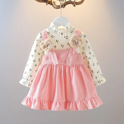 Kid Girl Long Sleeve Dress Floral Lovely Bear Corduroy Strap Style Dress Fashion Cute Photograph Outfit for Child Girl 1-6 Years