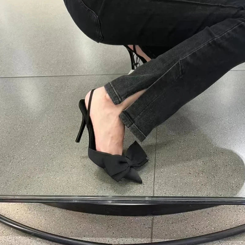 TRAF Black Big Bow Knot High Heel Stilettos New Point Head Slingbacks Pumps For Woman French Sweet Sandals Women Shoes Trend