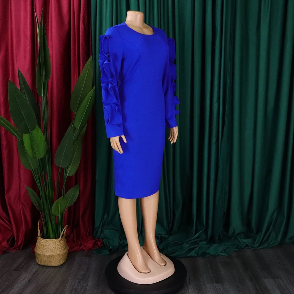 Elegant Office Dresses for Woman 2024 New O Neck Petal Sleeve Sheath Package Hips Mid Calf Formal Business Work Wear Dress Midi