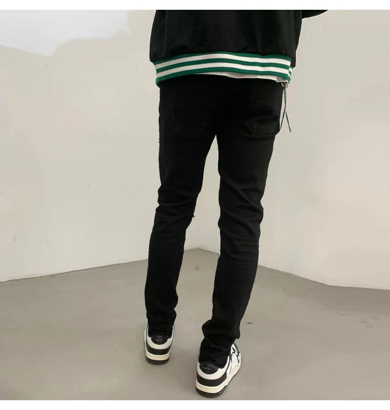 High street fashion new men's black jeans stretch slim fit retro washed leather patch jeans hip-hop brand designer pants Hombre
