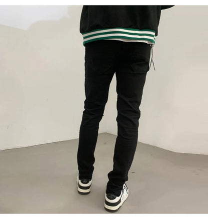 High street fashion new men's black jeans stretch slim fit retro washed leather patch jeans hip-hop brand designer pants Hombre