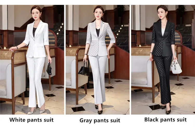 Summer Pants Sets For Women 2 Piece Set Half Sleeve Blazer &Trousers Suit Gray White Hight Quality Chic Elegant Business Outfit