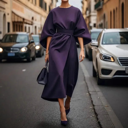 Spring Fashion Solid Color Dress Women Sexy Round Neck Bat Sleeve High Waist Dress Elegant Commuting Dresses for Women Summer