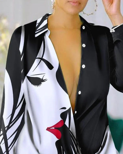 Spring Autumn Fashion Letter Print Long Sleeve Shirt Dress Robe Womens Turn-down Collar Buttons Front Casual Dresses Female 2024