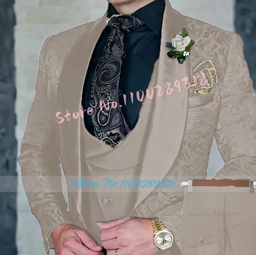 Jacquard Men's 3-piece Suit Set Formal Party Dress Groom Tuxedo High Quality Elegant Men Terno Masculino  Costume Homme Mariage