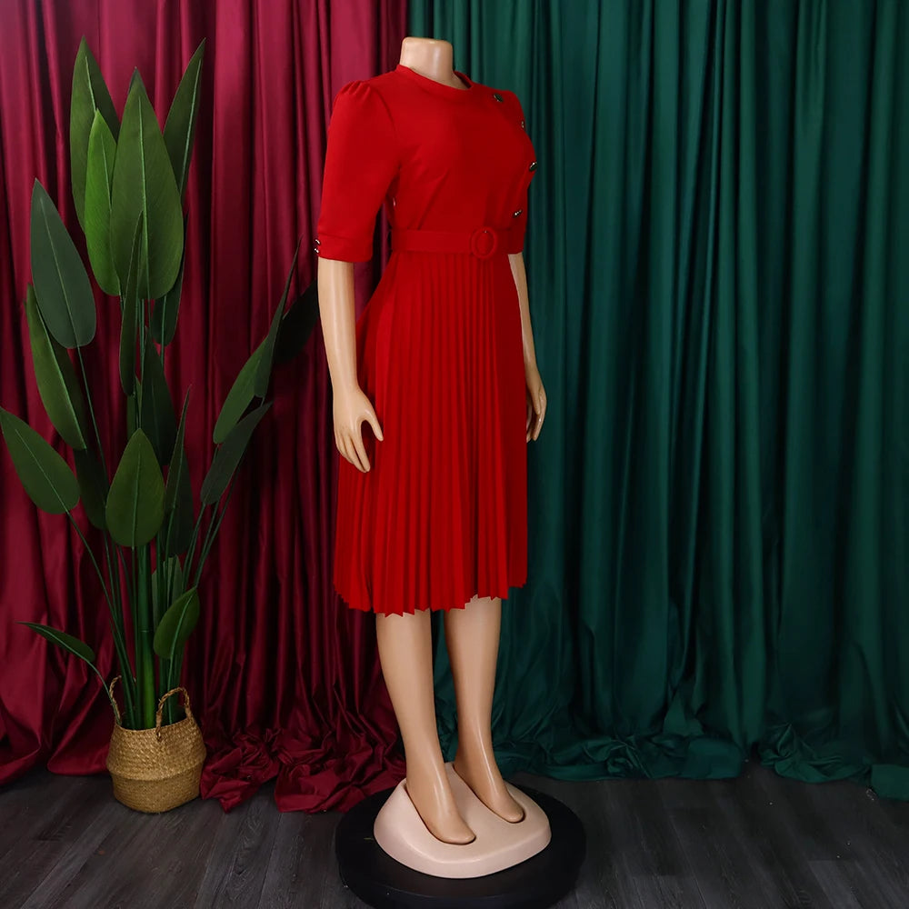 Elegant Office Pleated Dresses for Woman 2024 O Neck Buttons Belt Waisted Mid Calf Fashion Female Business Work Wear Dress Midi