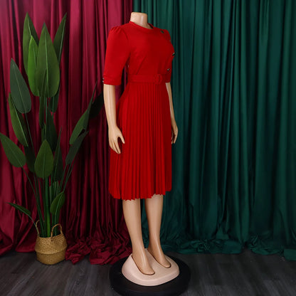 Elegant Office Pleated Dresses for Woman 2024 O Neck Buttons Belt Waisted Mid Calf Fashion Female Business Work Wear Dress Midi