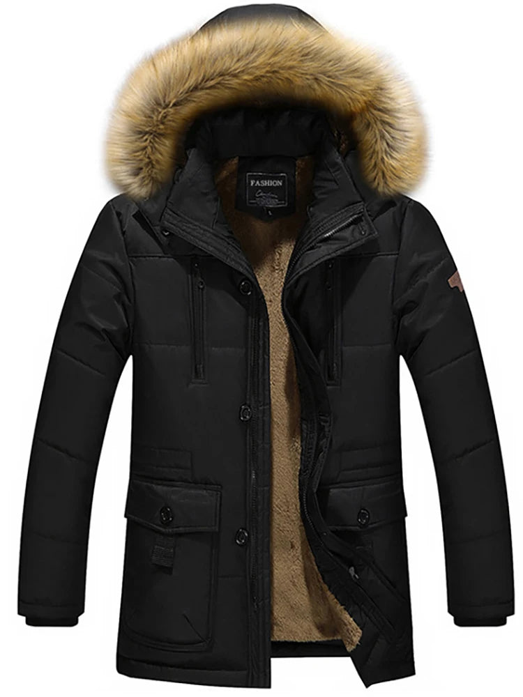 TRAF 2024 Winter Fashion Comfort Men's Raccoon Collar Medium Length Plus Fleece Plus Large Size Hooded Cotton-Padded Jacket