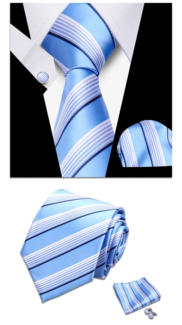 Classic Elegant Ties For Men Fashion Gifts Striped Solid Necktie Handchief Cufflink 3 Pcs Set Wedding Business Suit Accessories