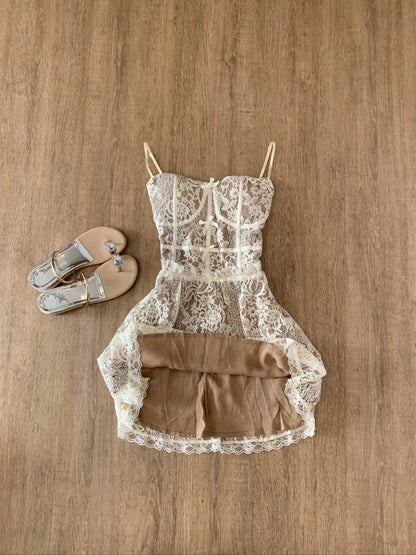 Spring Sleeveless Lace Dress Women Elegant Spaghetti Strap Slim Fit Floral Lace Party Dress Sexy Chic Casual Dress Outfit 2025