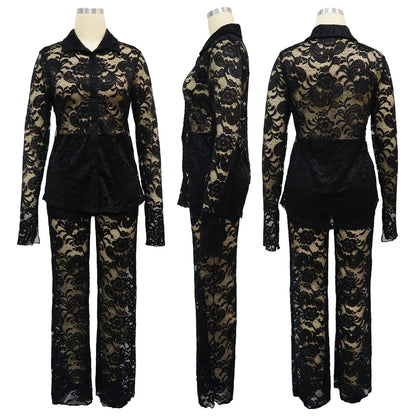 Perspective Lace Pants Set Summer 2024 New 2 Piece Set Chic Slim Elegant Office Women's Set Fashion Street Youth 2-piece Suit