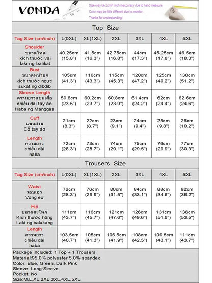 Plus Size 5XL VONDA Women Matching Sets 2024 Fashion Long Sleeve Suits Polka Dot Striped Shirts And Elastic Waist Pant Sets