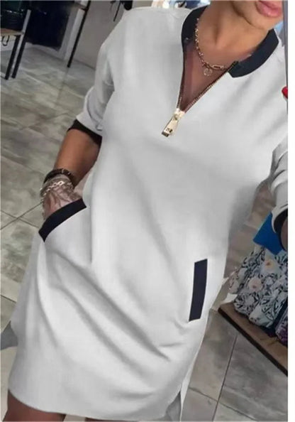 Spring Elegant Women's Dress Autumn Long Sleeve Zipper O Neck Fashion Dress For Women 2025 Casual Loose Dresses Female