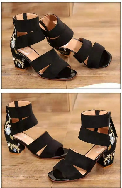 Ethnic Style Embroidered Mid-heel Sandals,  Summer Casual Thick Heels Elegant Vintage Open-toed Embroidered Shoes, Women's Shoes