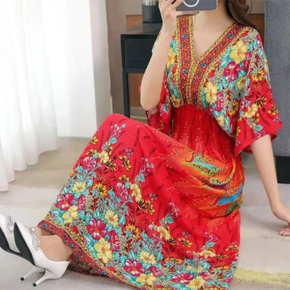 Spring New In Women's Dress V-Neck Short Sleeve Dress Elegant Sweet Print Dress Casual Retro Boho Elastic Waist A-Line Dress