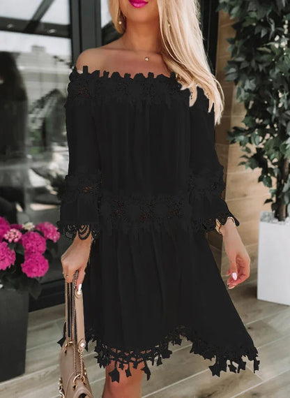 Spring Autumn New Women Sexy Strapless One Shoulder Solid Color Dinner Dresses Fashion Lace Lace Casual Loose Party White Dress