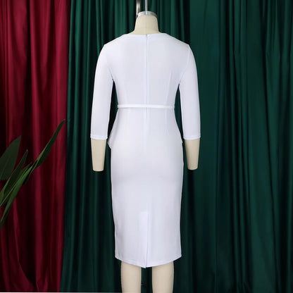 L-3XL Plus Size Elegant Midi Dress 2025 Spring Summer Women Office Lady Dress Casual 3/4 Sleeve Bandage Robe Oversize Dress