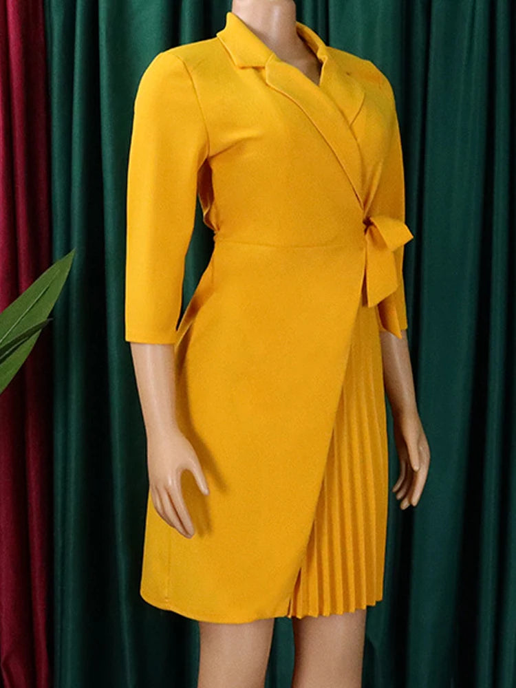 FairyShely 2025 Summer Solid Plus Size Folds Dress Women Long Sleeve Large Big Dresses Lady Belt Party Tight Curvy Short Dress