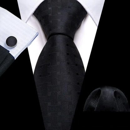 Barry.Wang Black White Gray Silver Silk Men Tie Handkerchief Cufflinks Set Jacquard Necktie for Male Wedding Business Party Gift