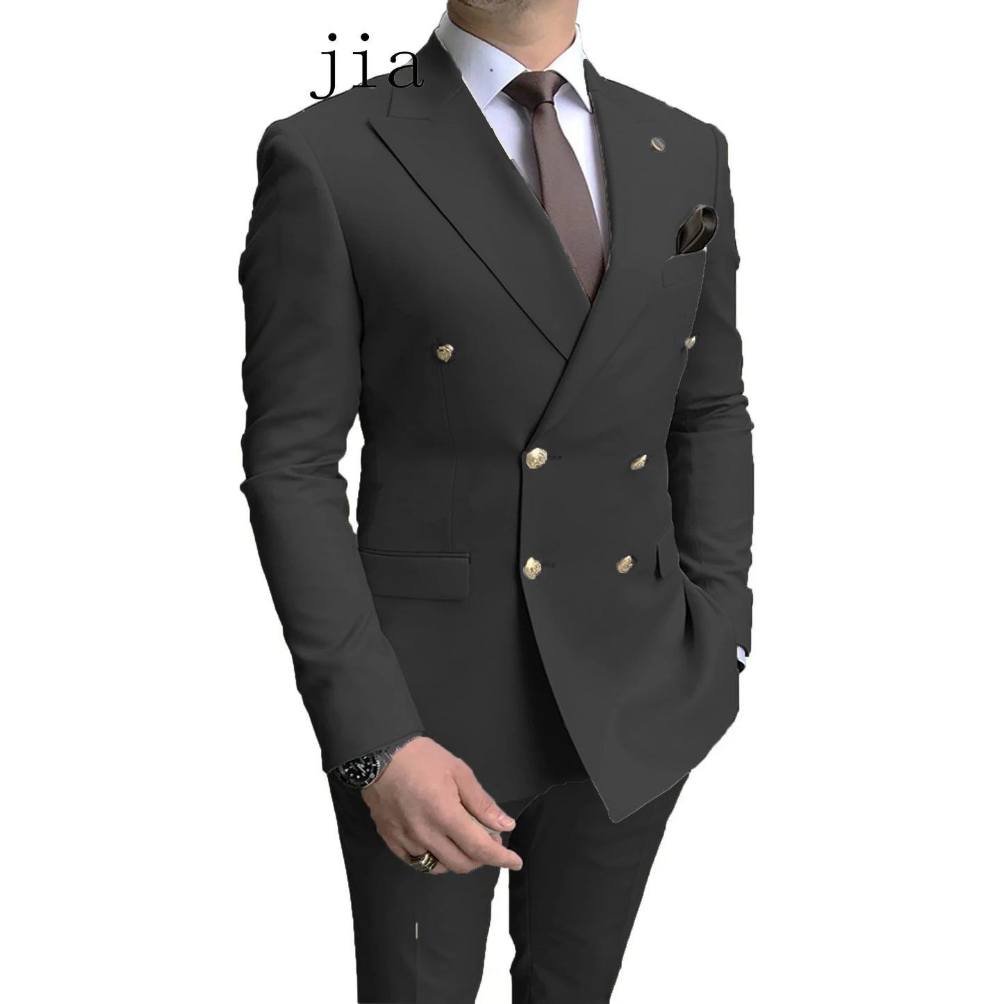 2024 Fashion New Men's Business Double Breasted Solid Color Suit Coat / Male Slim Wedding 2 Pieces Blazers Jacket Pants Trousers