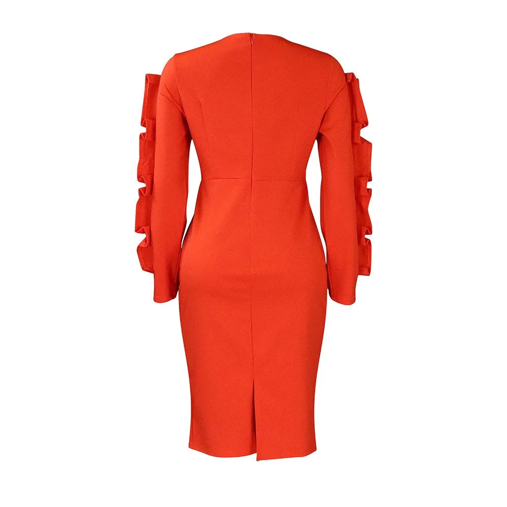 Elegant Office Dresses for Woman 2024 New O Neck Petal Sleeve Sheath Package Hips Mid Calf Formal Business Work Wear Dress Midi