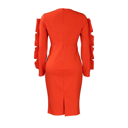 Elegant Office Dresses for Woman 2024 New O Neck Petal Sleeve Sheath Package Hips Mid Calf Formal Business Work Wear Dress Midi