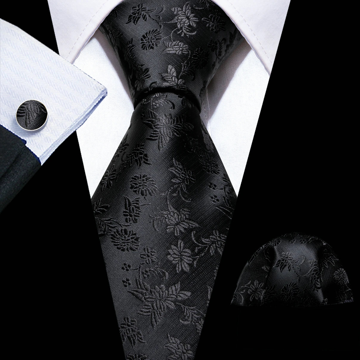 Barry.Wang Black White Gray Silver Silk Men Tie Handkerchief Cufflinks Set Jacquard Necktie for Male Wedding Business Party Gift
