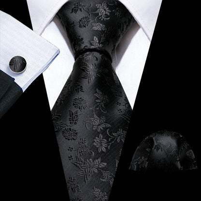 Barry.Wang Black White Gray Silver Silk Men Tie Handkerchief Cufflinks Set Jacquard Necktie for Male Wedding Business Party Gift