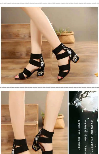 Ethnic Style Embroidered Mid-heel Sandals,  Summer Casual Thick Heels Elegant Vintage Open-toed Embroidered Shoes, Women's Shoes