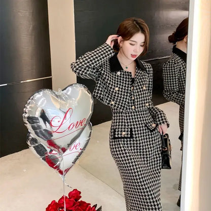 Spring Autumn New Dress Set Women Turn-down Collar Long Sleeve Button Patchwork Cardigan Elegant Slim All-match Slip Dresses