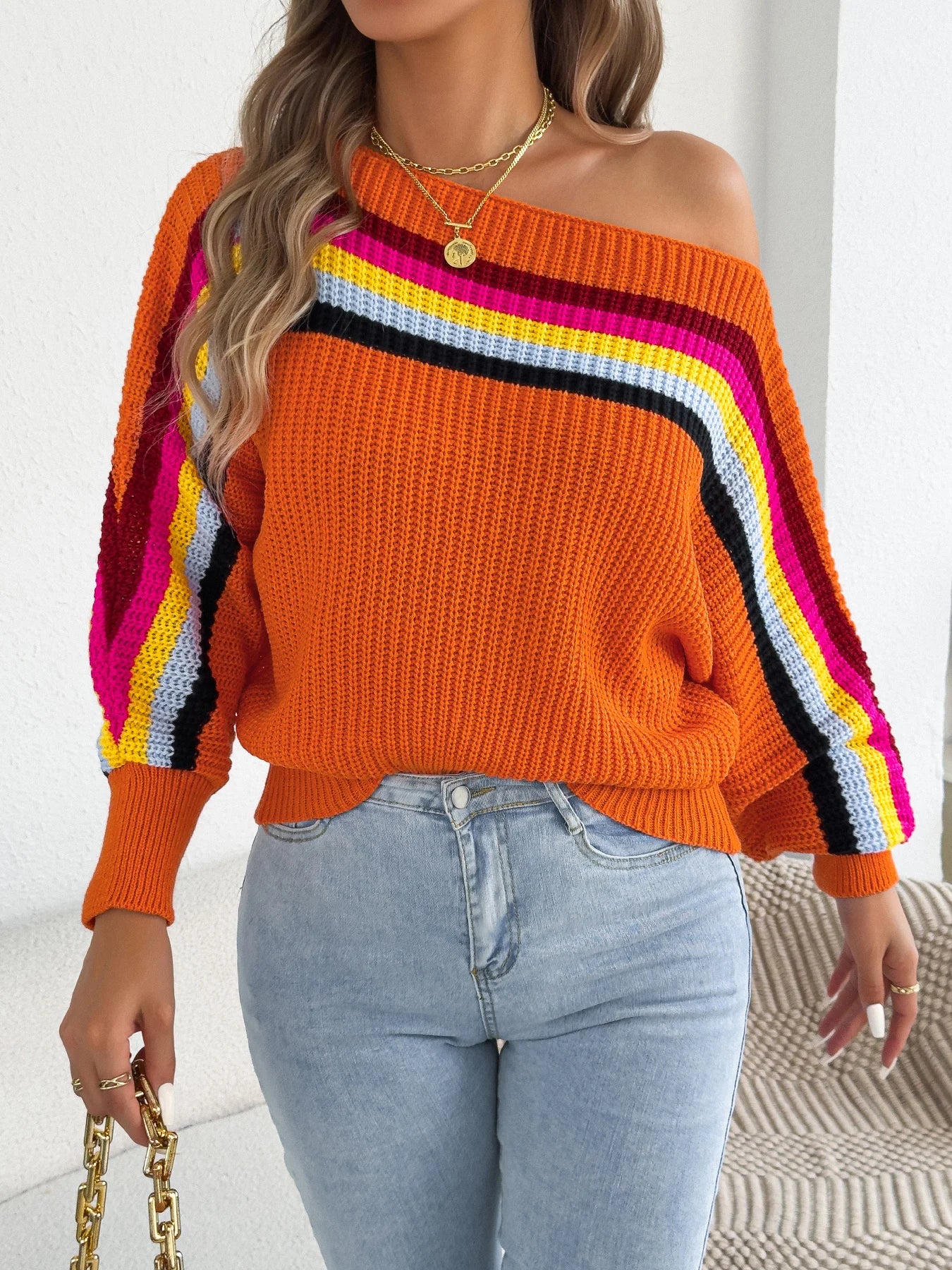 2025 Fashion Contrast Color Striped Sweaters Women Autumn Winter Casual Round Neck Lantern Long Sleeve Knitted Pullover