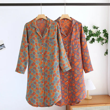 New Spring and Summer Women's Nightdress 100% Cotton Leaf Flower Long Sleeve Dress Large Home Dress Retro Long Sleeve Dress
