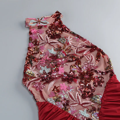 Sexy Red Floral High-Neck Bodycon Dress with Pleated Detailing – Halter Sleeveless Evening Gown | Stylish Party Wear