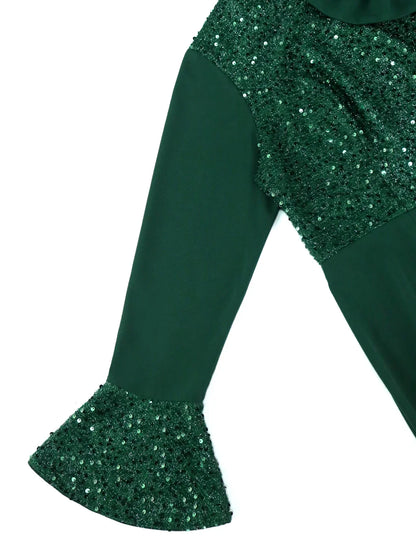 Elegant Green Shiny Sequined Dresses with Bow Long Flare Sleeves Mermaid Christmas African Brithday Party Occasion Event Robes