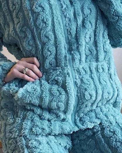 Thickened Warm 2Pcs Pajamas Set Jacquard Textured Stand Collar Zip Up Fuzzy Teddy Top & Pants Set Striped Nightwear Loungewear
