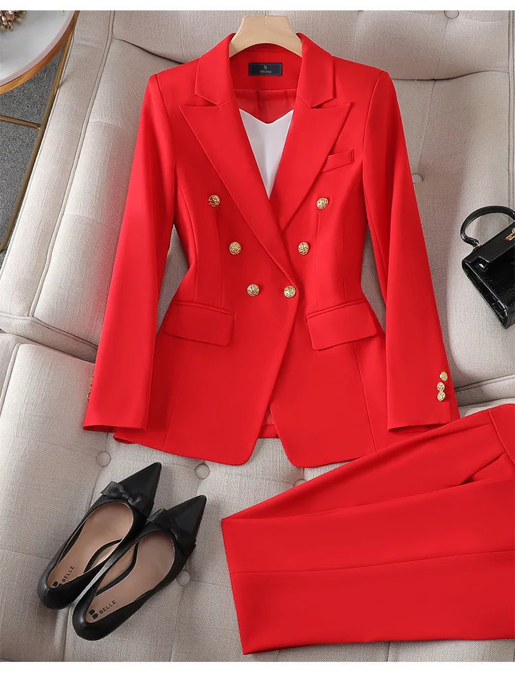 Yitimuceng Elegant Office Ladies Two Piece Sets Womens Outifits 2023 Double Breasted Long Sleeve Blazers Loose Casual Pant Suits