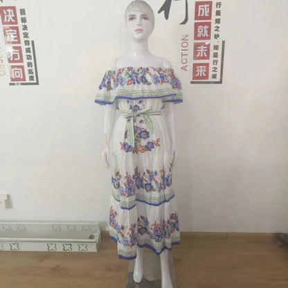 2024 Spring Summer Women's New Sexy One Shoulder Off Shoulder Fashion Red Flower Printed Lace Up Waist Long Swing Dress