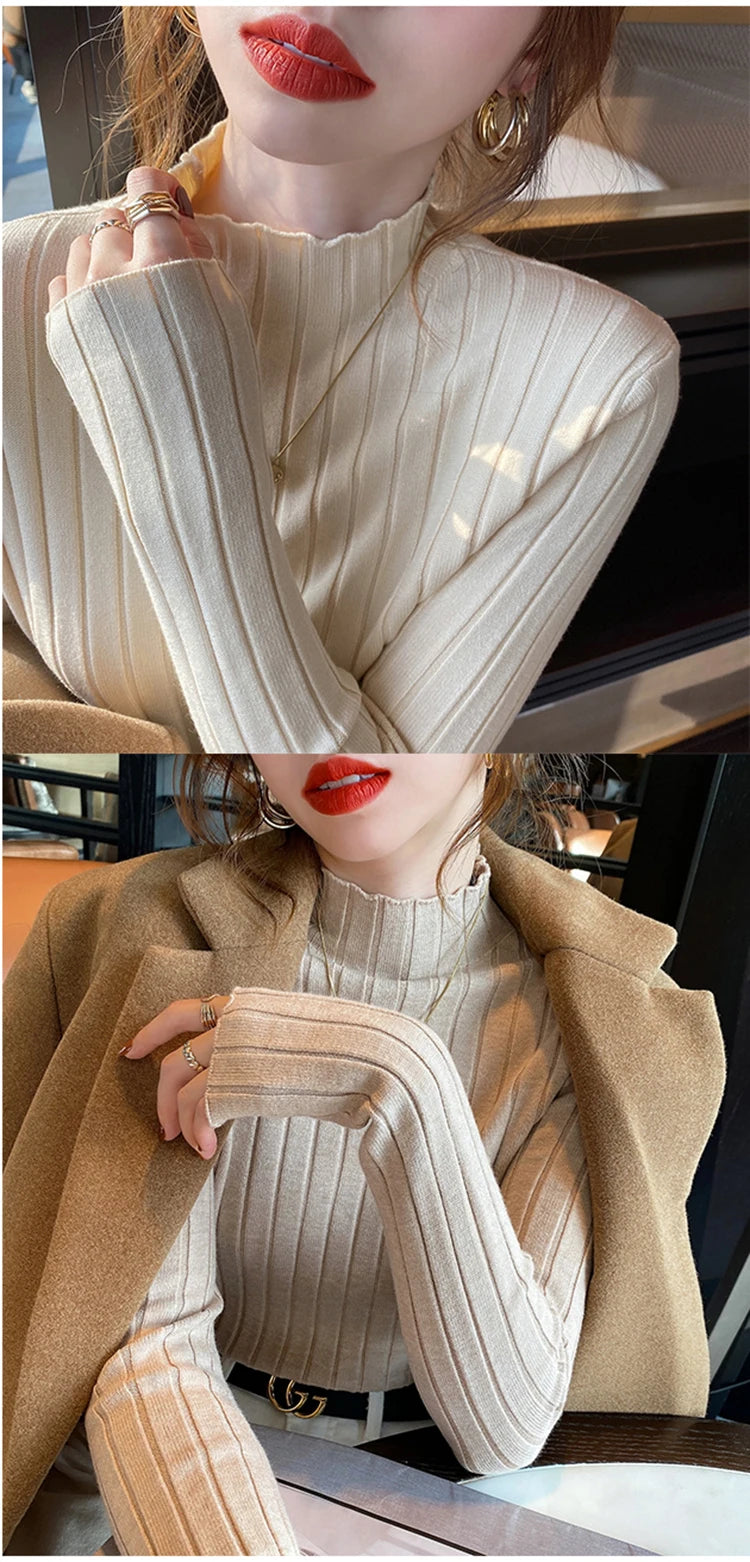 Autumn Winter Knitted Ribbed Turtleneck Sweater Women Clothes 2025 Long Sleeve Slim Basic Pullover Woman Sweaters Solid Tops