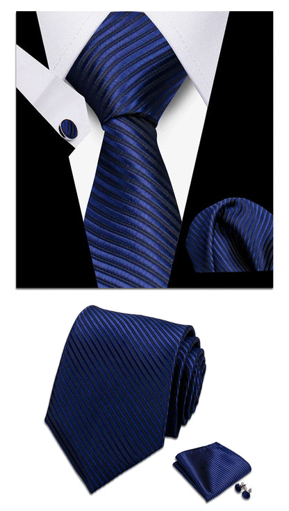 Classic Elegant Ties For Men Fashion Gifts Striped Solid Necktie Handchief Cufflink 3 Pcs Set Wedding Business Suit Accessories