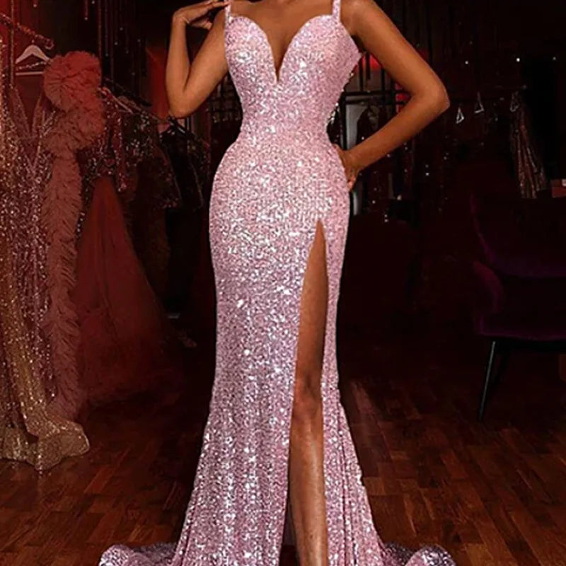 Sexy Sleeveless V-neck High Waist Slit Formal Occasion Evening Dress Fashion Pink Sequins Slim Long Elegant Party Dresses Women