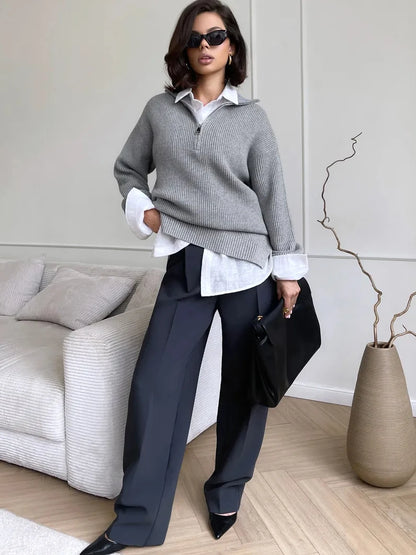 Zipper Knitted Sweaters for Women Autumn Winter New Thicken Warm Jumpers Casual Simple Solid Color Women's Oversized Pullovers