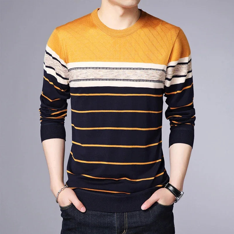 Men's New Fashionable Striped Knitted Shirt Long Sleeved Comfortable All Season Base Shirt Casual Top